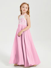 Long Chiffon Bridesmaid Dresses Lace Top Candy Pink