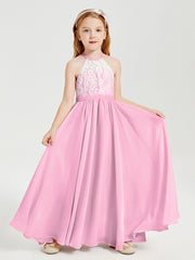 Long Chiffon Bridesmaid Dresses Lace Top Candy Pink
