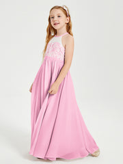Long Chiffon Bridesmaid Dresses Lace Top Candy Pink
