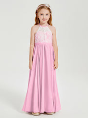 Long Chiffon Bridesmaid Dresses Lace Top Candy Pink