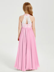 Long Chiffon Bridesmaid Dresses Lace Top Candy Pink