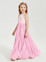 Long Chiffon Bridesmaid Dresses Lace Top Candy Pink