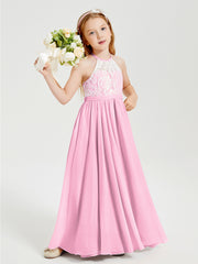Long Chiffon Bridesmaid Dresses Lace Top Candy Pink