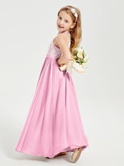 Long Chiffon Bridesmaid Dresses Lace Top Candy Pink