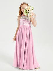 Long Chiffon Bridesmaid Dresses Lace Top Candy Pink