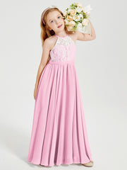 Long Chiffon Bridesmaid Dresses Lace Top Candy Pink