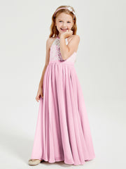 Long Chiffon Bridesmaid Dresses Lace Top Candy Pink