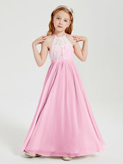 Long Chiffon Bridesmaid Dresses Lace Top Candy Pink