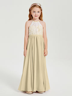 Long Chiffon Bridesmaid Dresses Lace Top Champagne