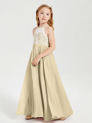 Long Chiffon Bridesmaid Dresses Lace Top Champagne