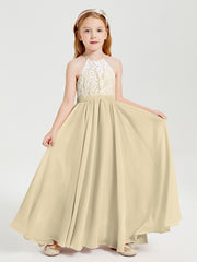 Long Chiffon Bridesmaid Dresses Lace Top Champagne