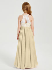 Long Chiffon Bridesmaid Dresses Lace Top Champagne