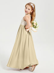 Long Chiffon Bridesmaid Dresses Lace Top Champagne