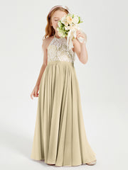 Long Chiffon Bridesmaid Dresses Lace Top Champagne