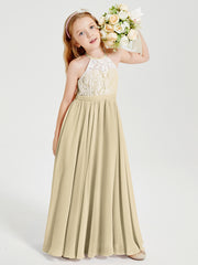 Long Chiffon Bridesmaid Dresses Lace Top Champagne