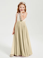 Long Chiffon Bridesmaid Dresses Lace Top Champagne