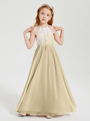 Long Chiffon Bridesmaid Dresses Lace Top Champagne