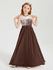 Long Chiffon Bridesmaid Dresses Lace Top Chocolate