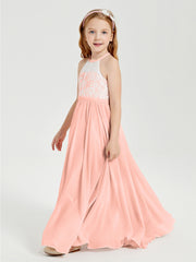 Long Chiffon Bridesmaid Dresses Lace Top Coral