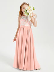 Long Chiffon Bridesmaid Dresses Lace Top Coral