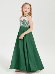Long Chiffon Bridesmaid Dresses Lace Top Dark Green