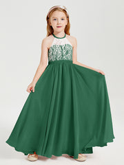 Long Chiffon Bridesmaid Dresses Lace Top Dark Green