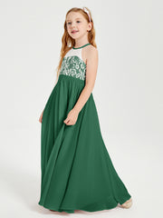Long Chiffon Bridesmaid Dresses Lace Top Dark Green