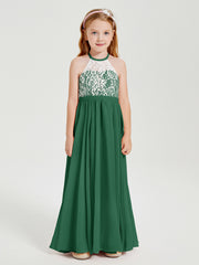 Long Chiffon Bridesmaid Dresses Lace Top Dark Green