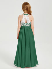 Long Chiffon Bridesmaid Dresses Lace Top Dark Green