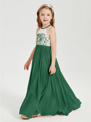 Long Chiffon Bridesmaid Dresses Lace Top Dark Green