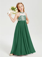 Long Chiffon Bridesmaid Dresses Lace Top Dark Green