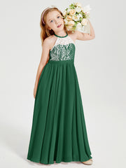 Long Chiffon Bridesmaid Dresses Lace Top Dark Green