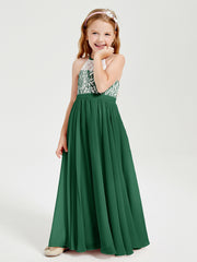 Long Chiffon Bridesmaid Dresses Lace Top Dark Green
