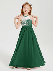 Long Chiffon Bridesmaid Dresses Lace Top Dark Green