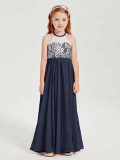 Long Chiffon Bridesmaid Dresses Lace Top Dark Navy