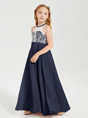 Long Chiffon Bridesmaid Dresses Lace Top Dark Navy