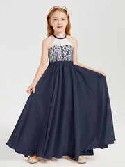 Long Chiffon Bridesmaid Dresses Lace Top Dark Navy