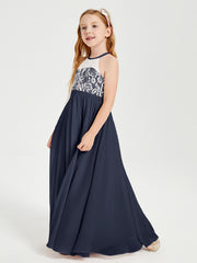 Long Chiffon Bridesmaid Dresses Lace Top Dark Navy