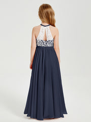 Long Chiffon Bridesmaid Dresses Lace Top Dark Navy