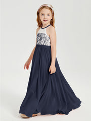 Long Chiffon Bridesmaid Dresses Lace Top Dark Navy