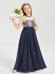 Long Chiffon Bridesmaid Dresses Lace Top Dark Navy