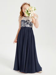 Long Chiffon Bridesmaid Dresses Lace Top Dark Navy