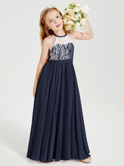 Long Chiffon Bridesmaid Dresses Lace Top Dark Navy