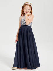 Long Chiffon Bridesmaid Dresses Lace Top Dark Navy