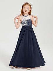 Long Chiffon Bridesmaid Dresses Lace Top Dark Navy