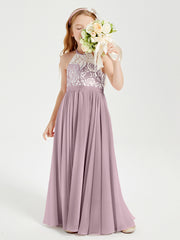 Long Chiffon Bridesmaid Dresses Lace Top Dusk