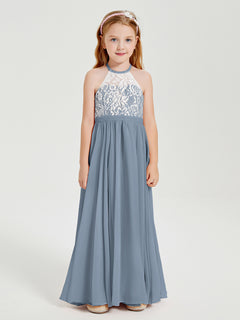 Long Chiffon Bridesmaid Dresses Lace Top Dusty Blue