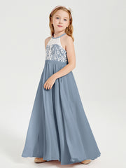 Long Chiffon Bridesmaid Dresses Lace Top Dusty Blue
