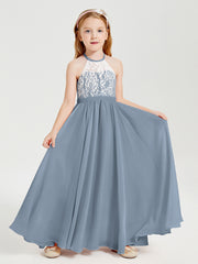 Long Chiffon Bridesmaid Dresses Lace Top Dusty Blue