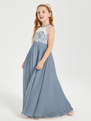 Long Chiffon Bridesmaid Dresses Lace Top Dusty Blue